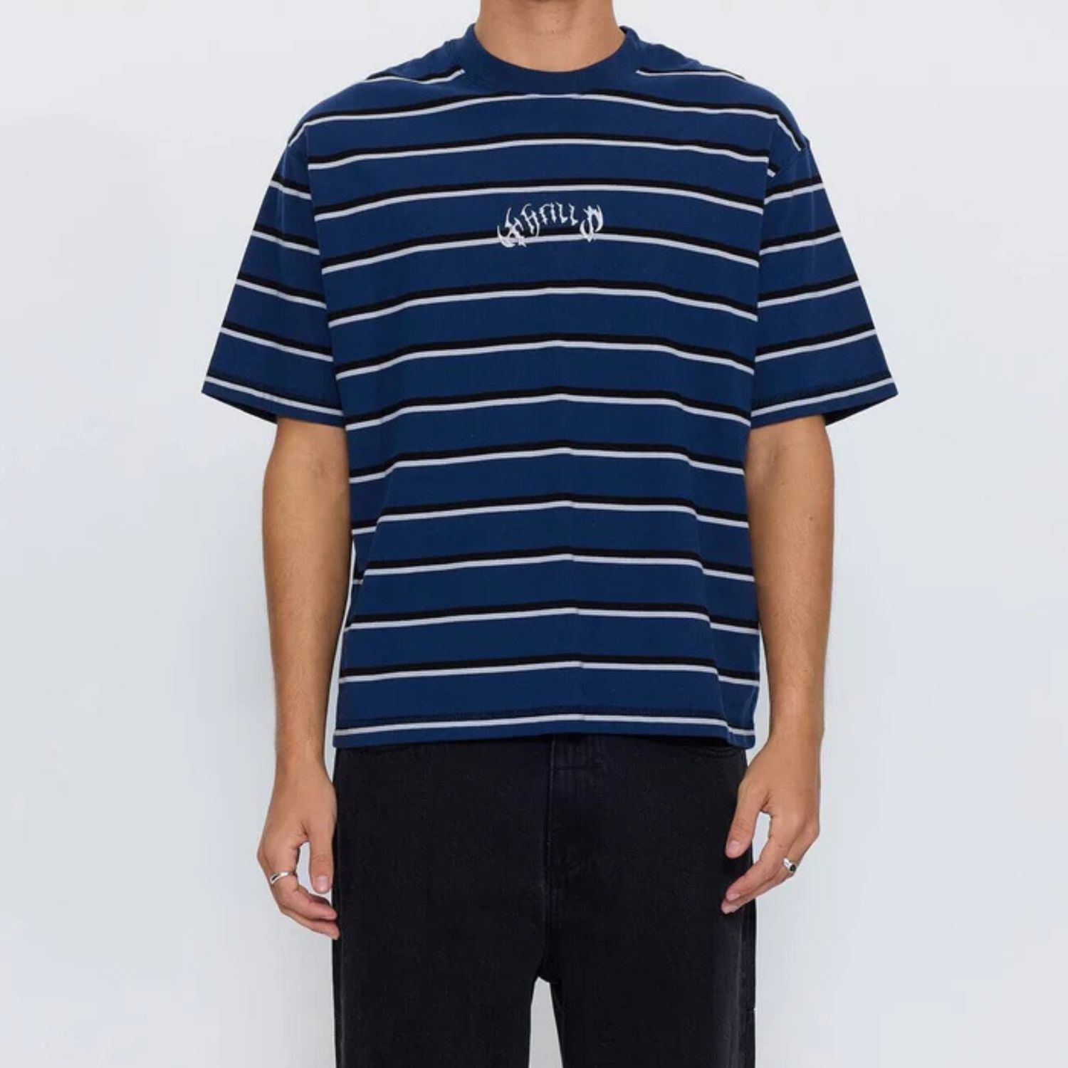 THRILLS MENS STAGGER BIG STRIPE OVERSIZE BOX CROP TEE - BLACK