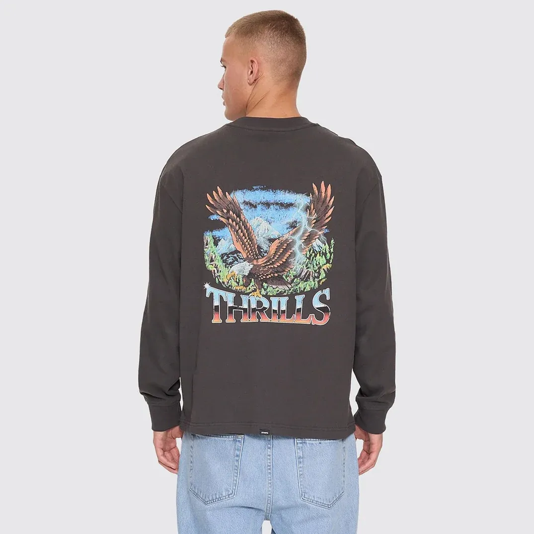 THRILLS MENS SEEN &amp; HEARD OVERSIZE BOX CROP LONG SLEEVE TEE - DARK MERCH BLACK