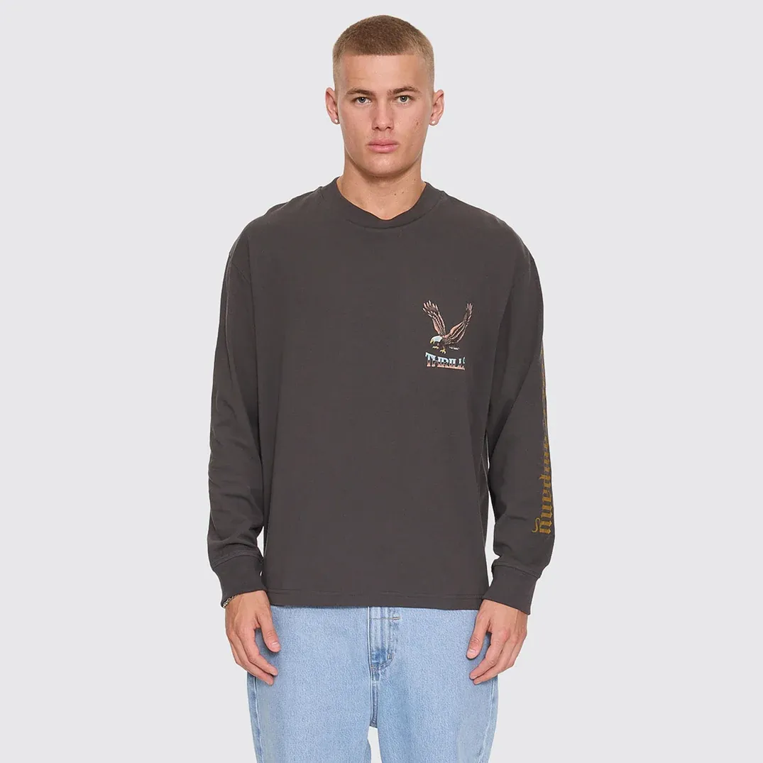 THRILLS MENS SEEN &amp; HEARD OVERSIZE BOX CROP LONG SLEEVE TEE - DARK MERCH BLACK