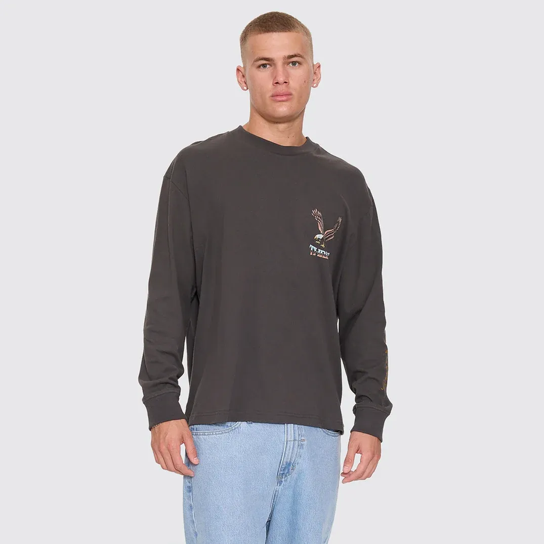THRILLS MENS SEEN &amp; HEARD OVERSIZE BOX CROP LONG SLEEVE TEE - DARK MERCH BLACK