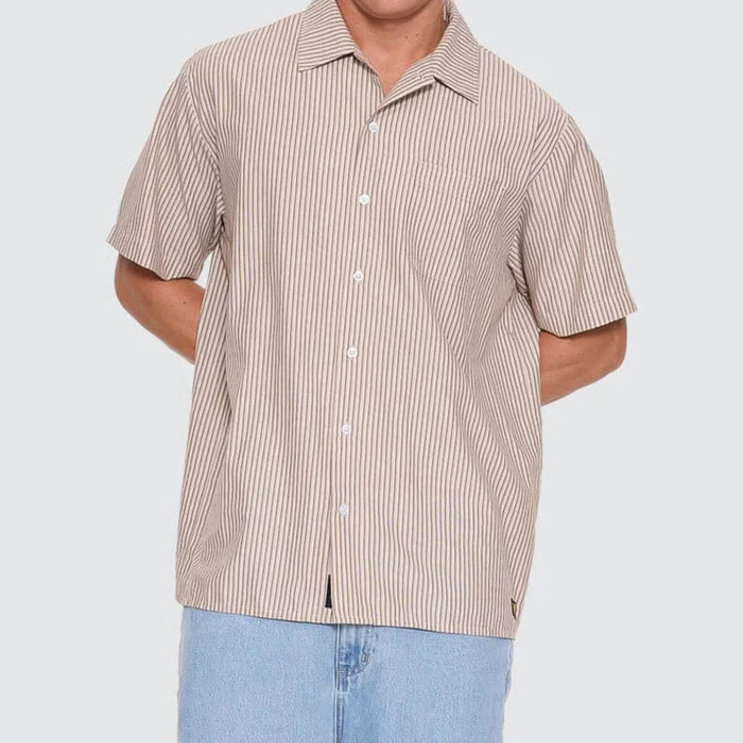 THRILLS MENS THRILLS UNION SHORT SLEEVE STRIPE WORK SHIRT - POSTAL BROWN