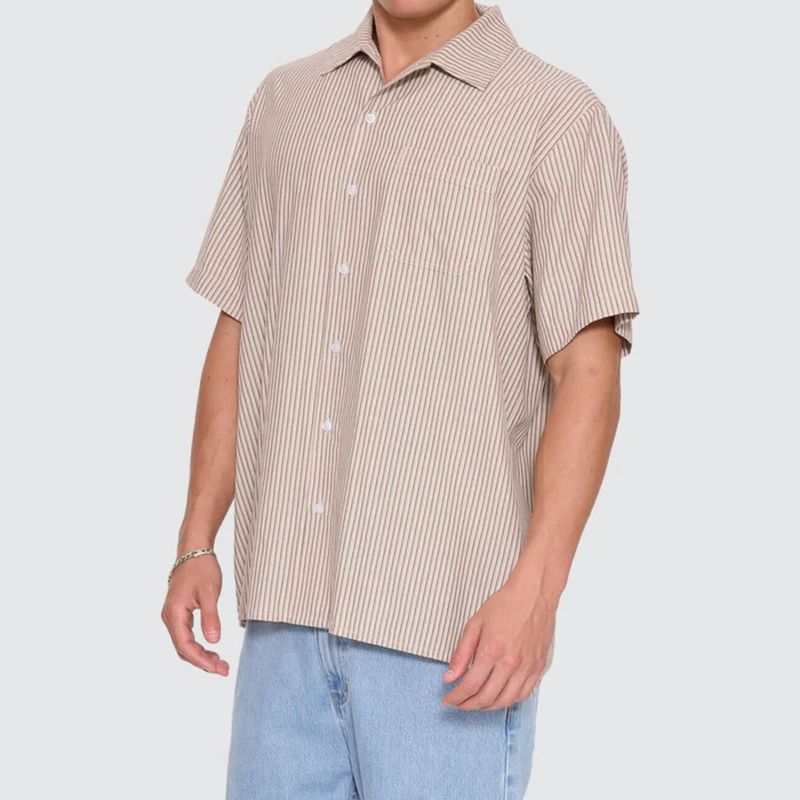 THRILLS MENS THRILLS UNION SHORT SLEEVE STRIPE WORK SHIRT - POSTAL BROWN