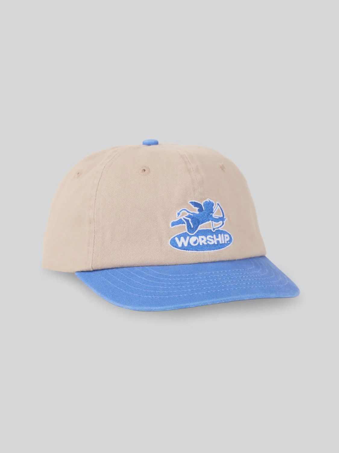 WORSHIP MENS SHADOW CHERUB 6 PANEL SHORT BRIM HAT - BLUE - TAN