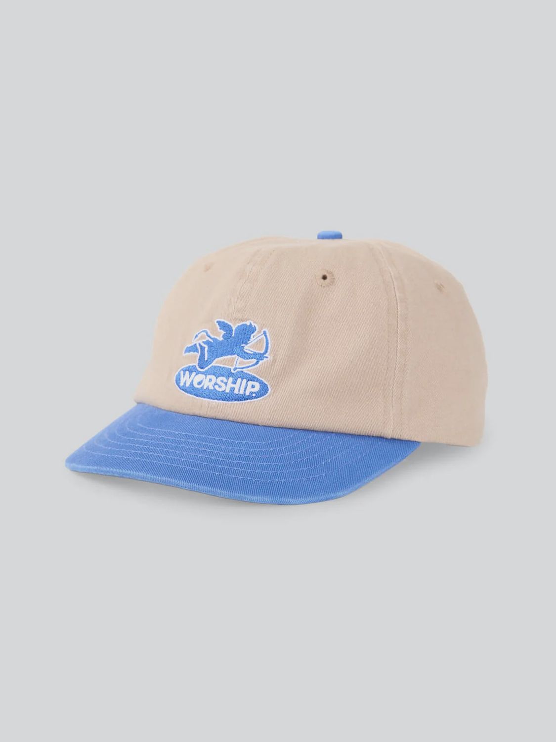 WORSHIP MENS SHADOW CHERUB 6 PANEL SHORT BRIM HAT - BLUE - TAN
