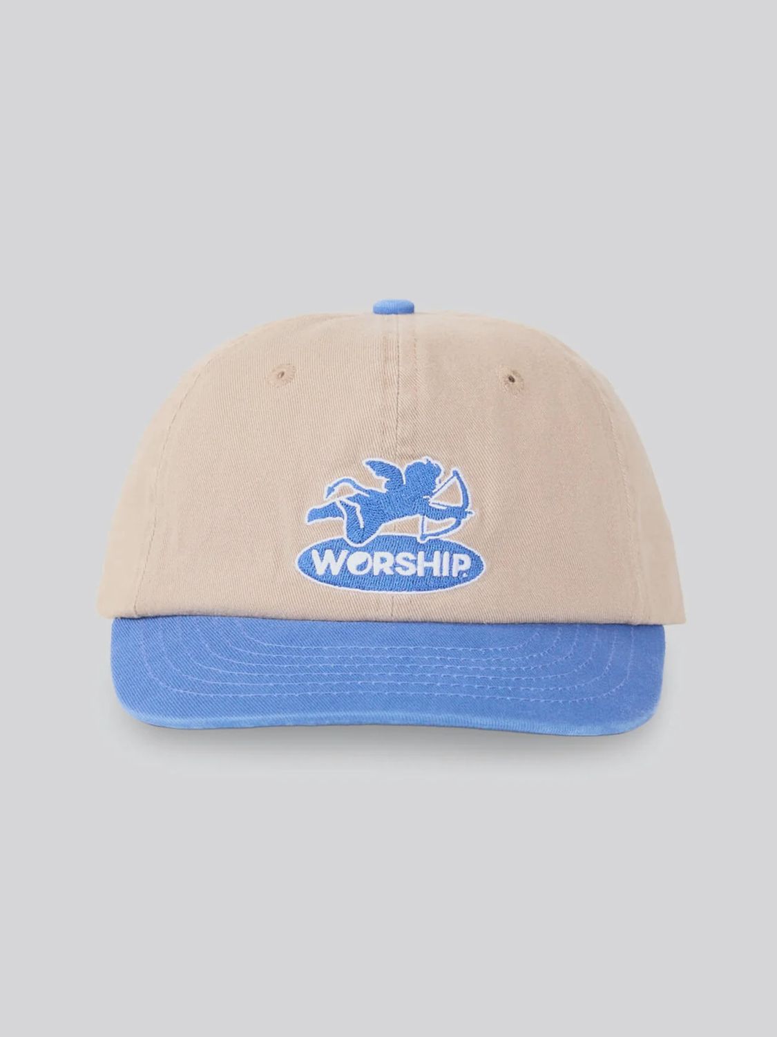 WORSHIP MENS SHADOW CHERUB 6 PANEL SHORT BRIM HAT - BLUE - TAN