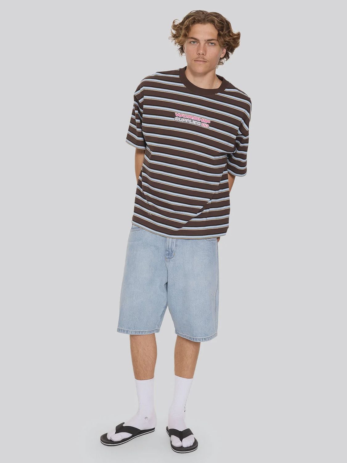WORSHIP MENS GLOBO STRIPE BOX CROP TEE - GANACHE STRIPE