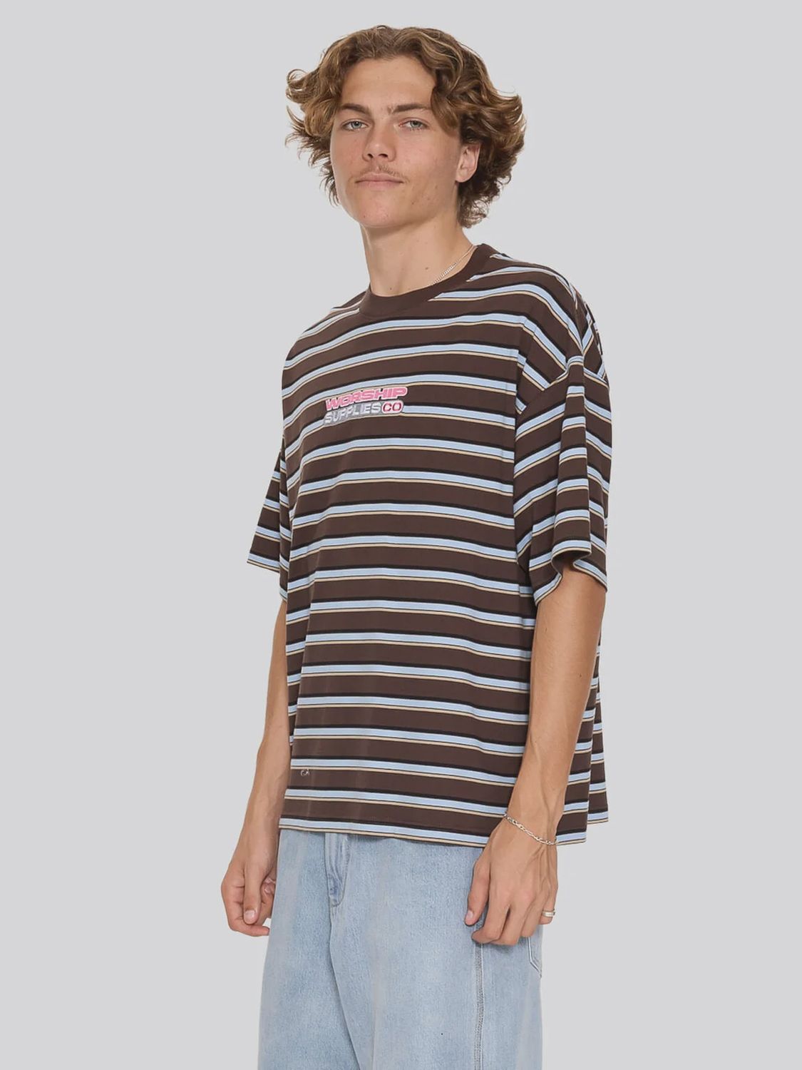 WORSHIP MENS GLOBO STRIPE BOX CROP TEE - GANACHE STRIPE