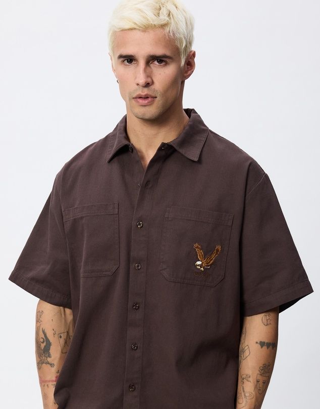 THRILLS MENS SEEN &amp; HEARD CROPPED SHORT SLEEVE WORK SHIRT - POSTAL BROWN
