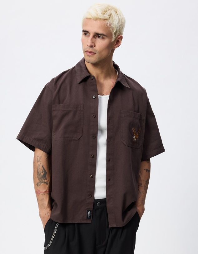 THRILLS MENS SEEN &amp; HEARD CROPPED SHORT SLEEVE WORK SHIRT - POSTAL BROWN