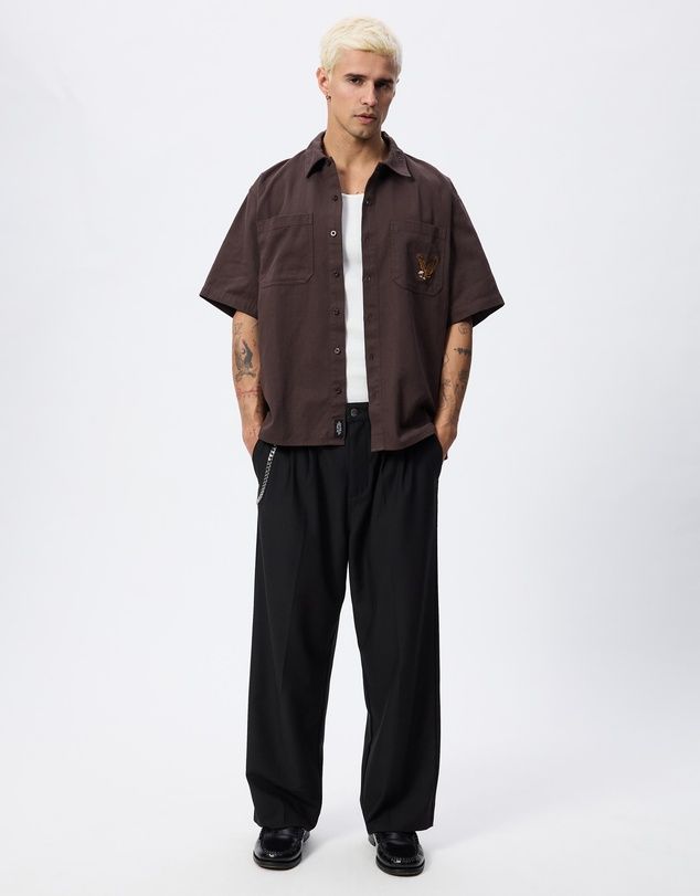 THRILLS MENS SEEN &amp; HEARD CROPPED SHORT SLEEVE WORK SHIRT - POSTAL BROWN