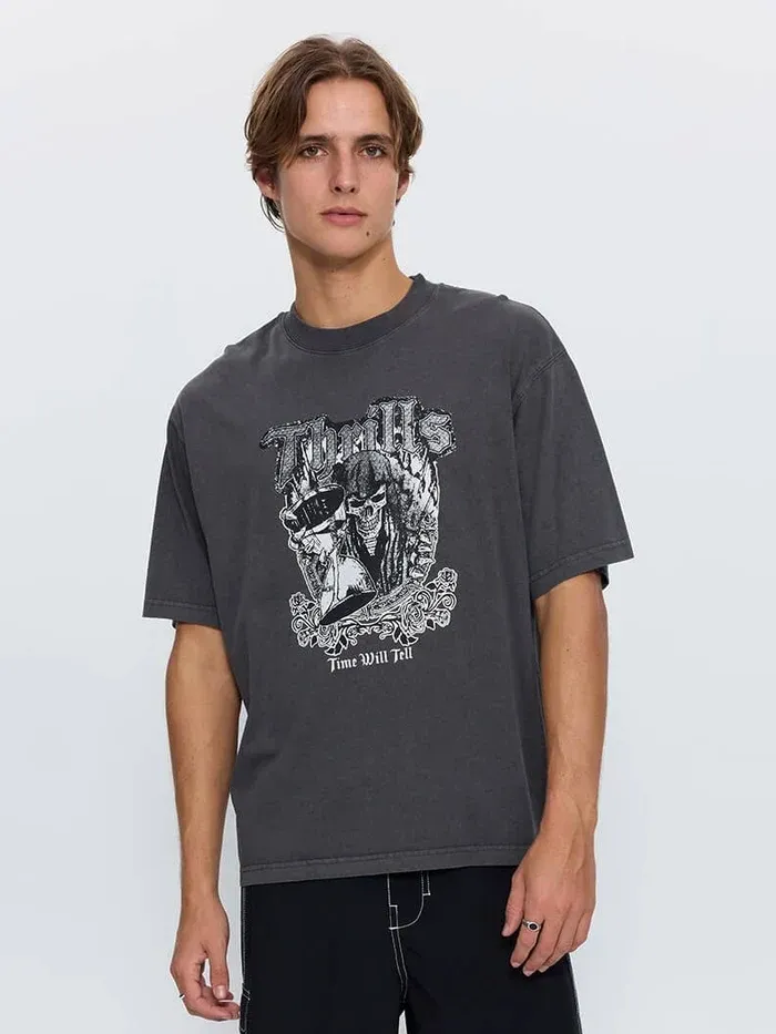 THRILLS MENS TIME WILL TELL OVERSIZE BOX CROP TEE - DARK MERCH BLACK