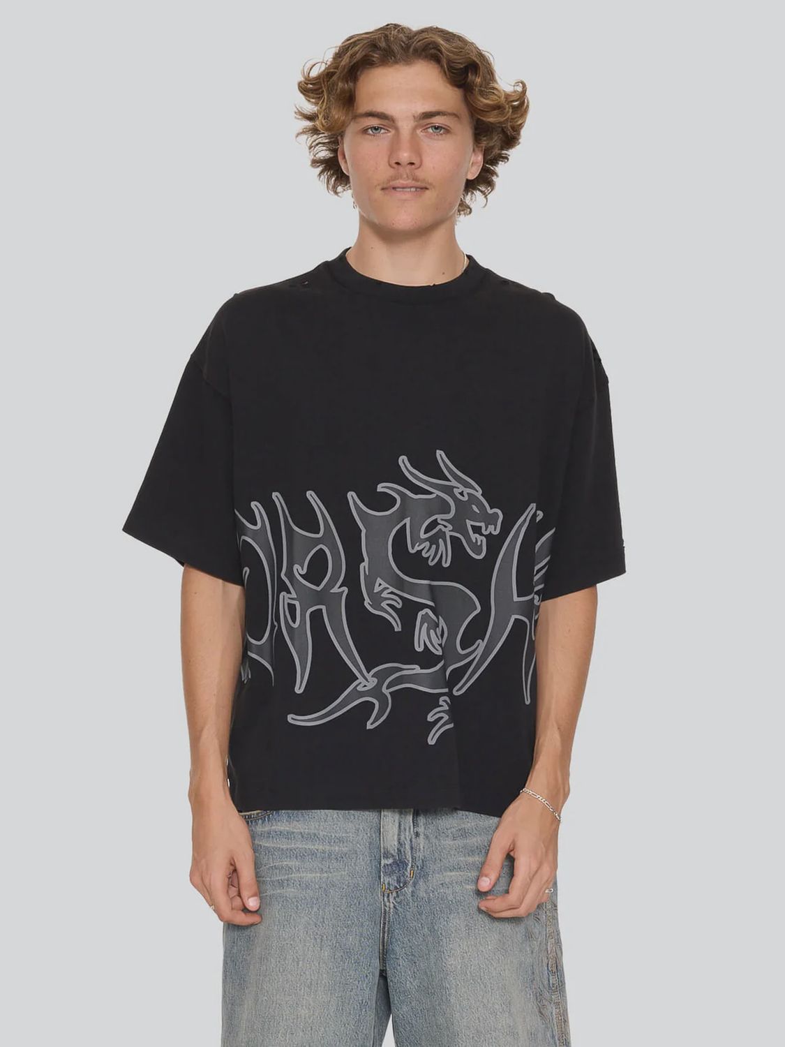 WORSHIP MENS SERPES DISTRESS OVERSIZE TEE - ACID BLACK