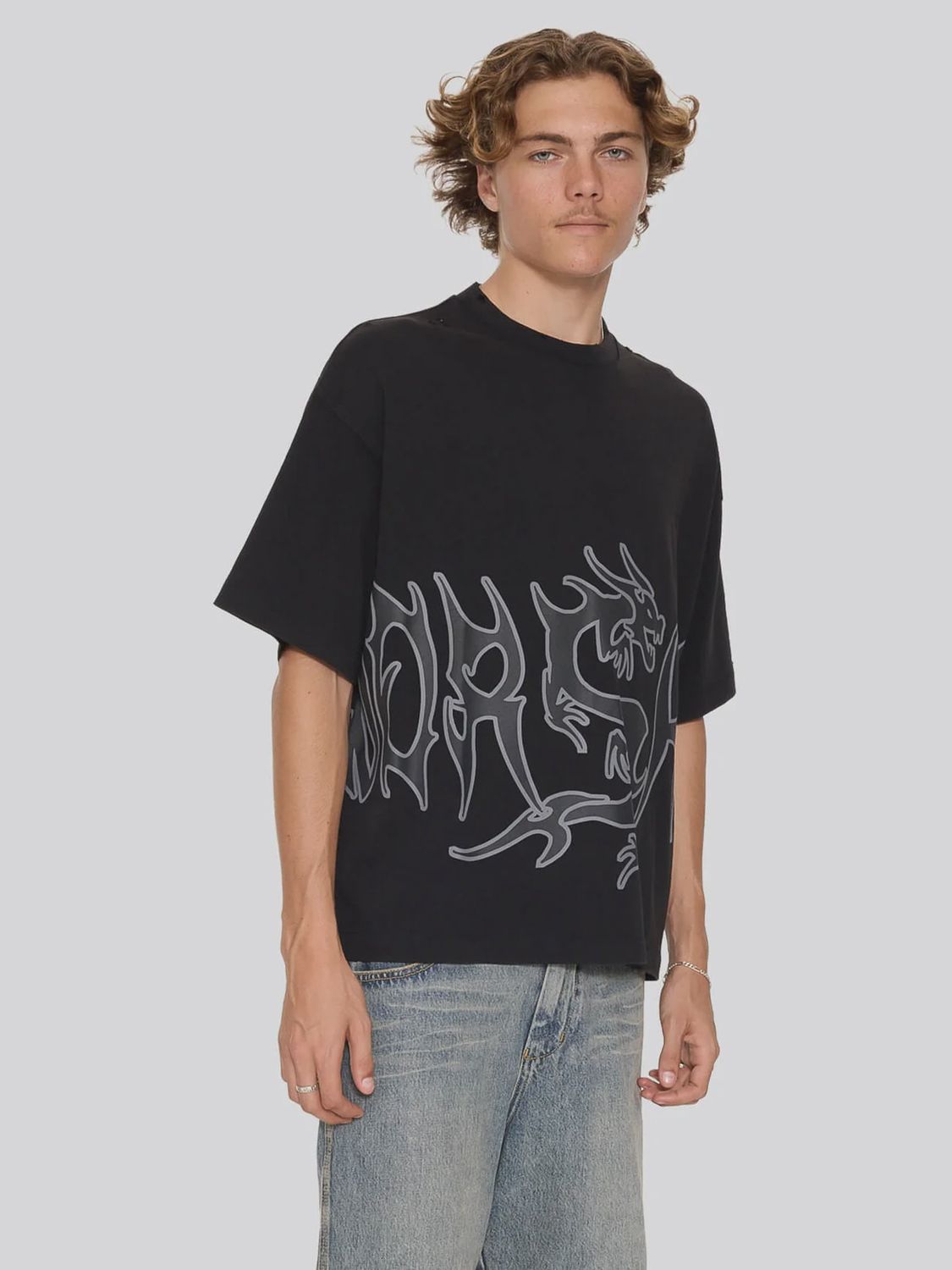 WORSHIP MENS SERPES DISTRESS OVERSIZE TEE - ACID BLACK