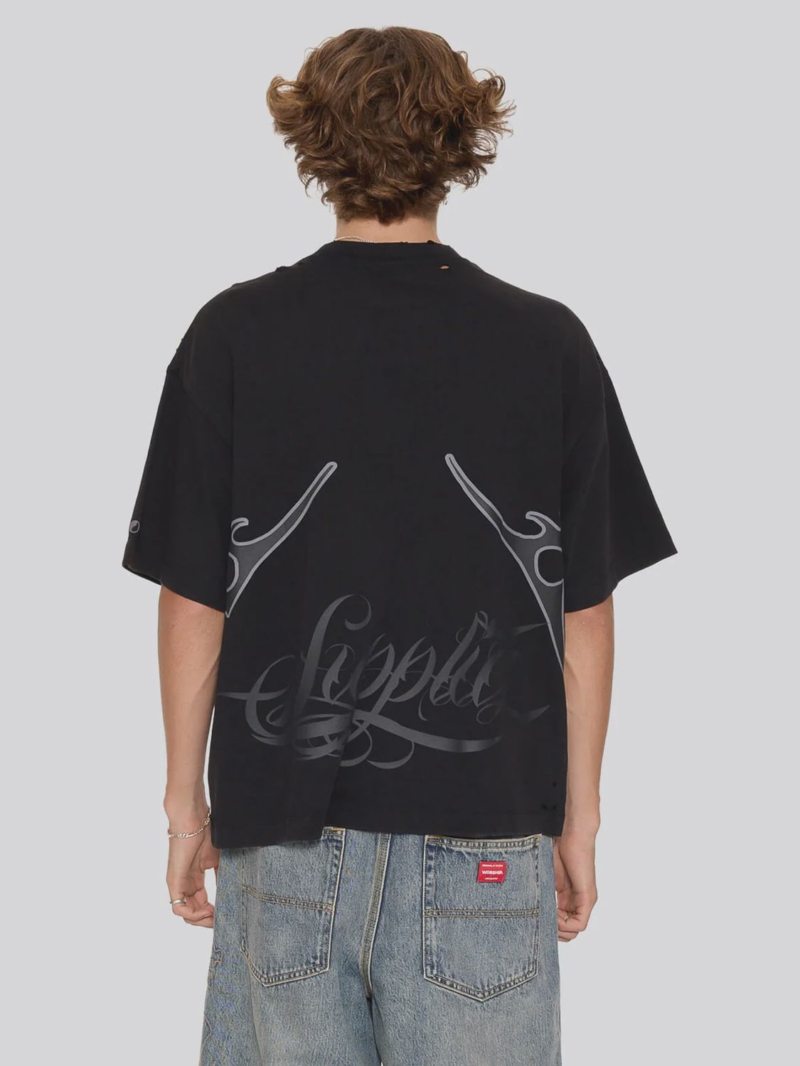 WORSHIP MENS SERPES DISTRESS OVERSIZE TEE - ACID BLACK