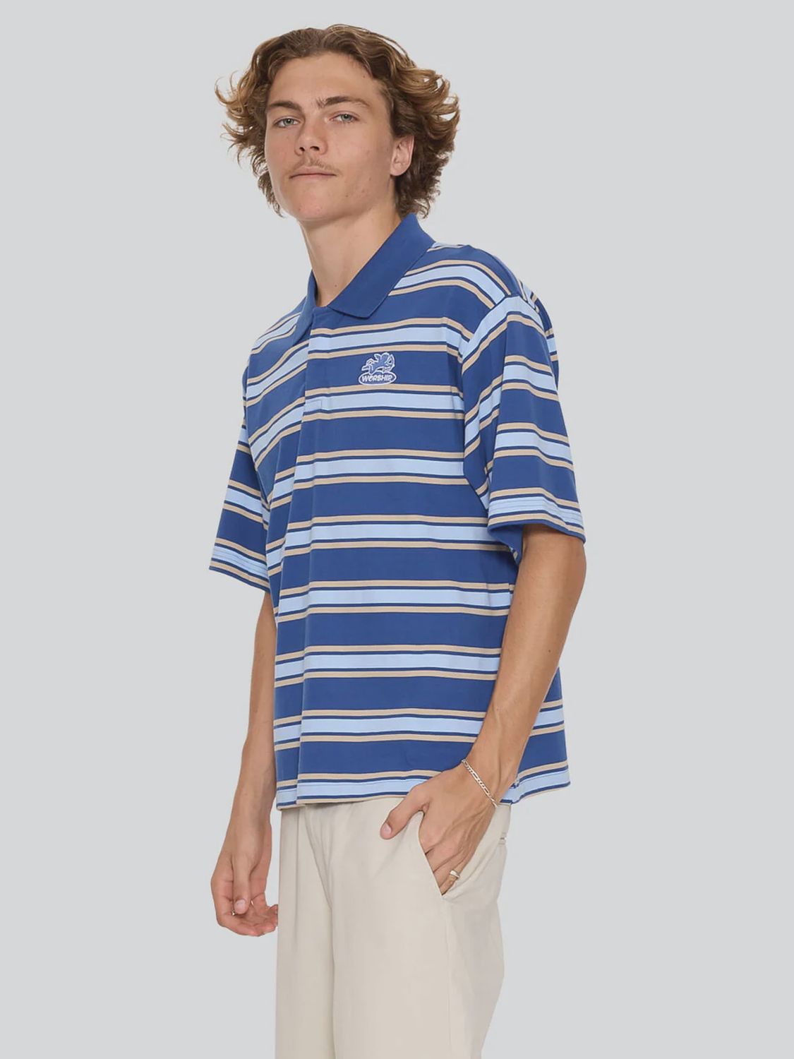 WORSHIP MENS SHADOW CHERUB SHORT SLEEVE GOLF POLO - BLUE