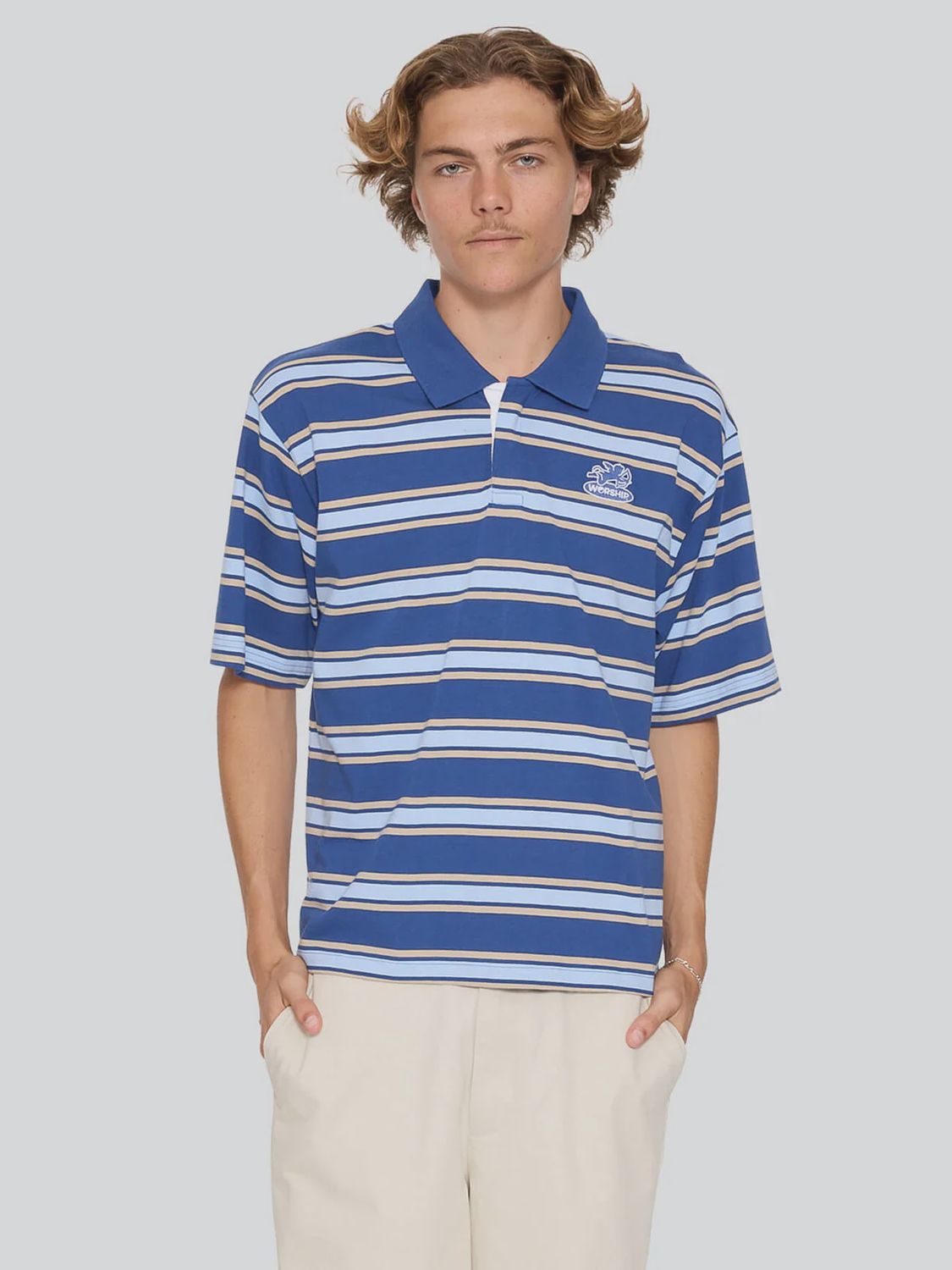 WORSHIP MENS SHADOW CHERUB SHORT SLEEVE GOLF POLO - BLUE