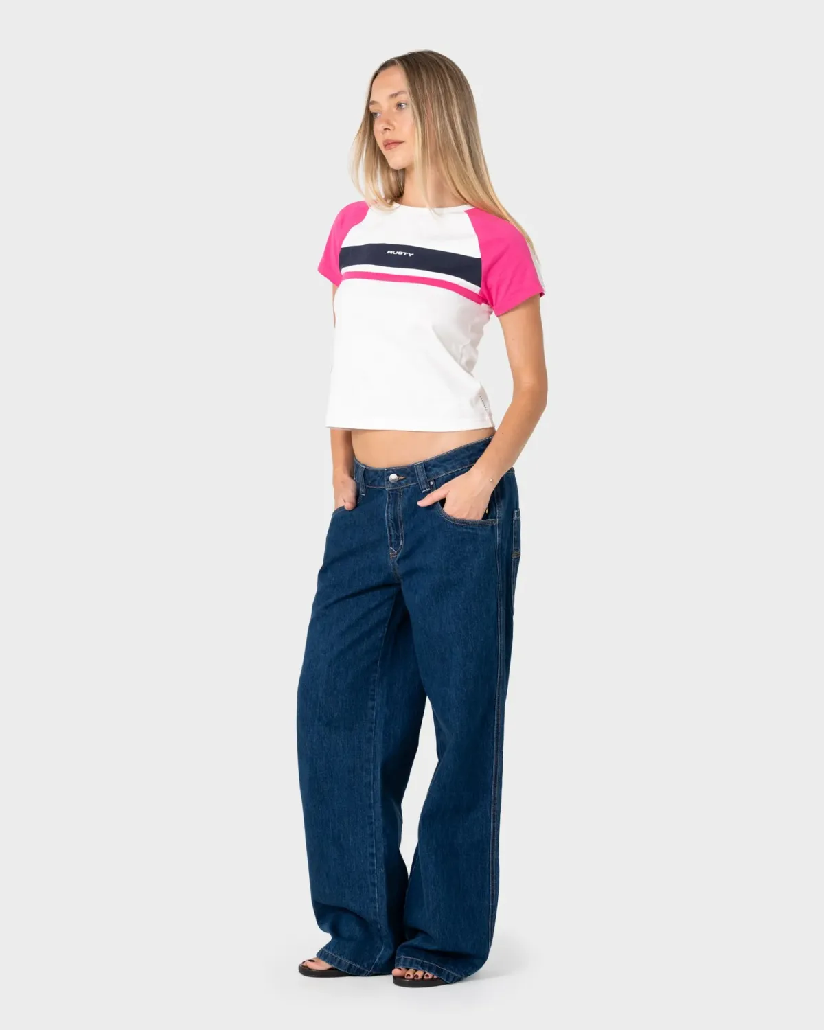 RUSTY WOMENS RAISE THE FORD BABY TEE - EGRET / PINK