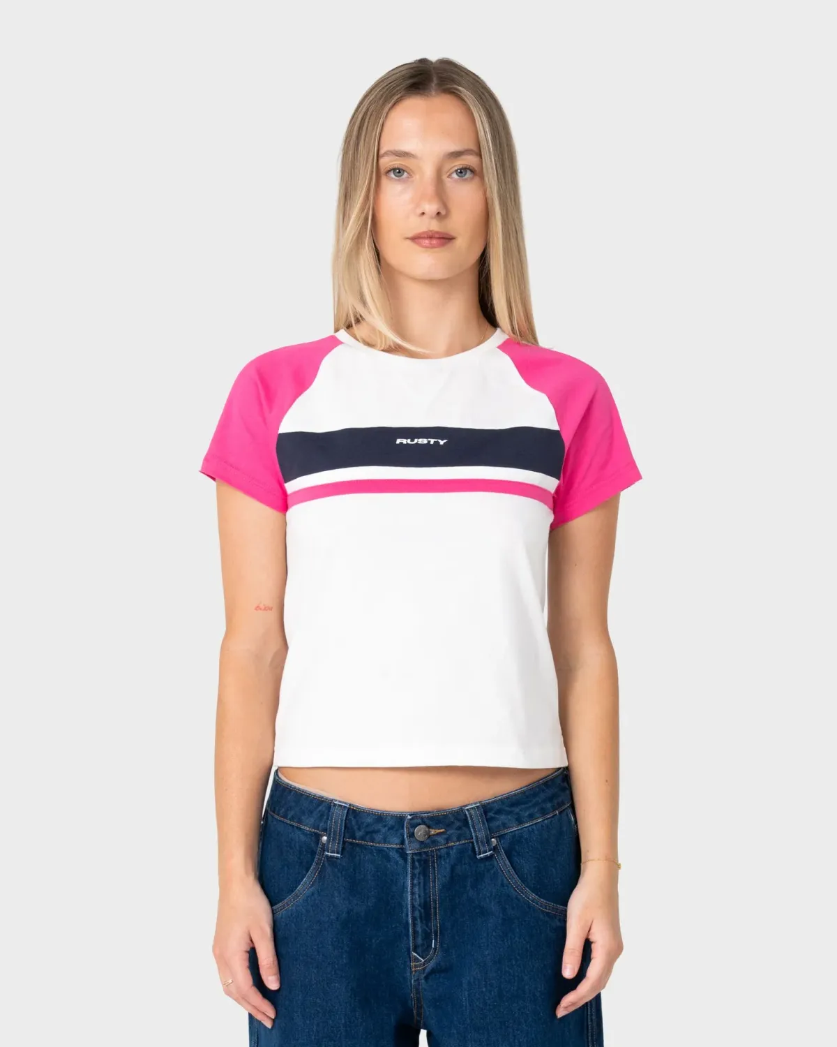 RUSTY WOMENS RAISE THE FORD BABY TEE - EGRET / PINK