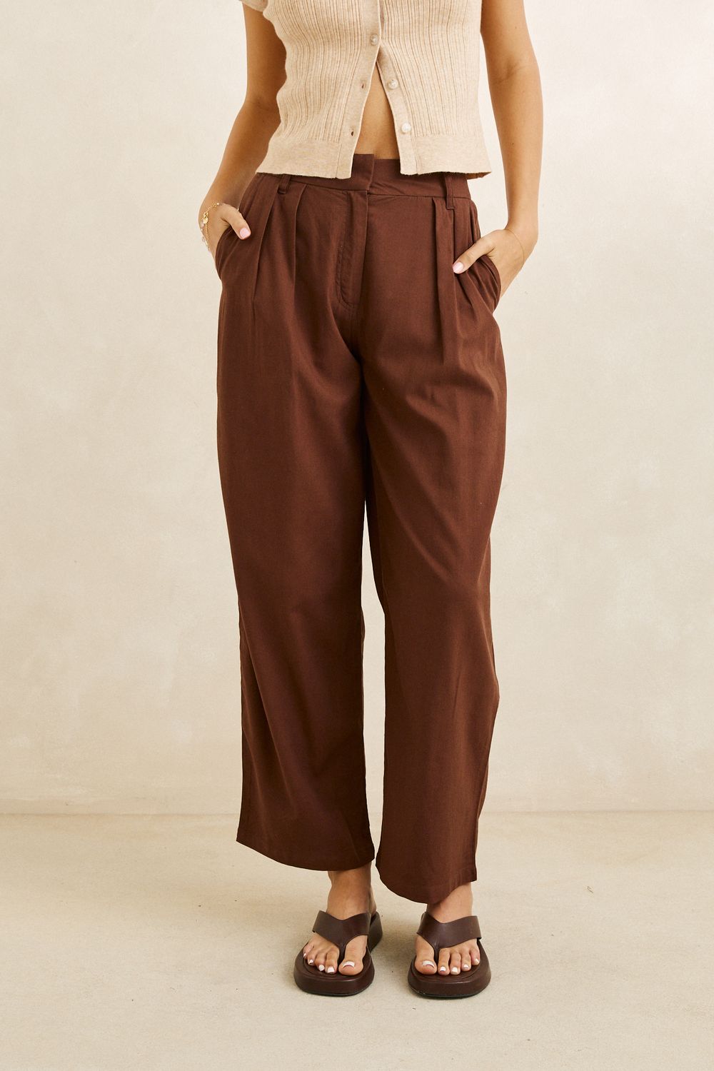 RHYTHM WOMENS VENICE TAILORED LINEN PANT - CHOCOLATE