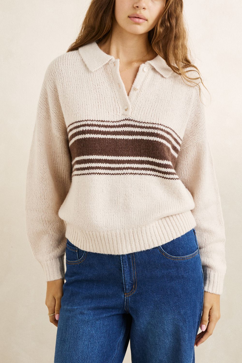 RHYTHM WOMENS STRATA KNIT COLLARED JUMPER - NATURAL