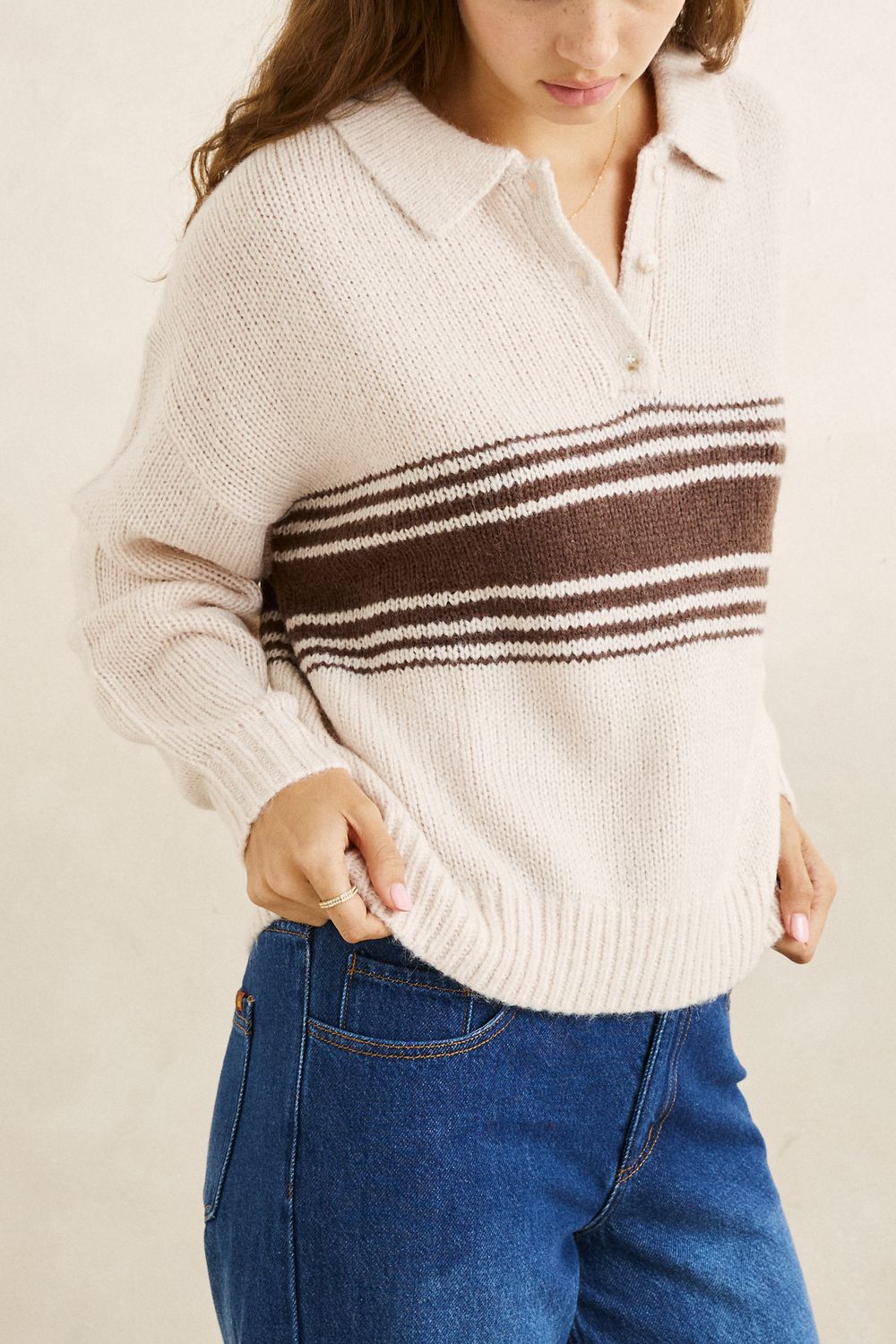 RHYTHM WOMENS STRATA KNIT COLLARED JUMPER - NATURAL
