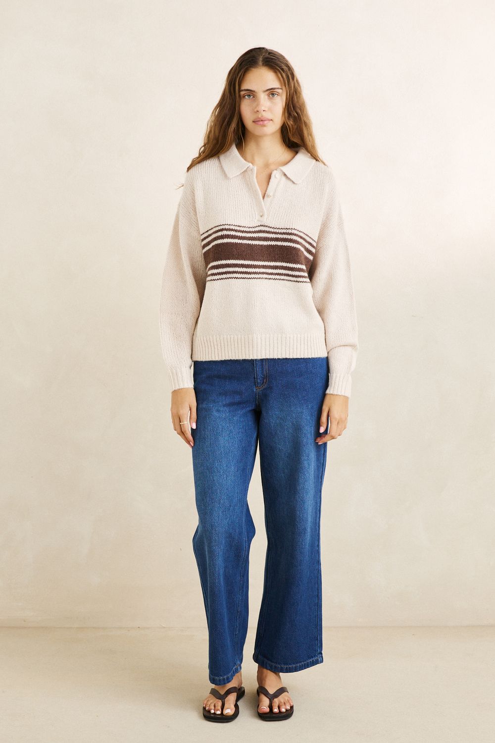 RHYTHM WOMENS STRATA KNIT COLLARED JUMPER - NATURAL