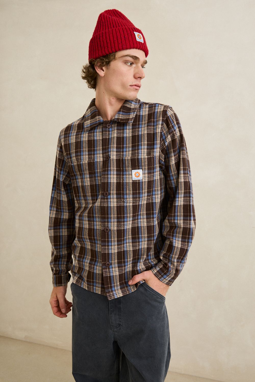 RHYTHM MENS ALEX CHECK LS SHIRT - CHESTNUT