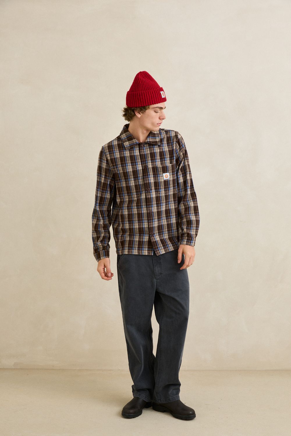 RHYTHM MENS ALEX CHECK LS SHIRT - CHESTNUT
