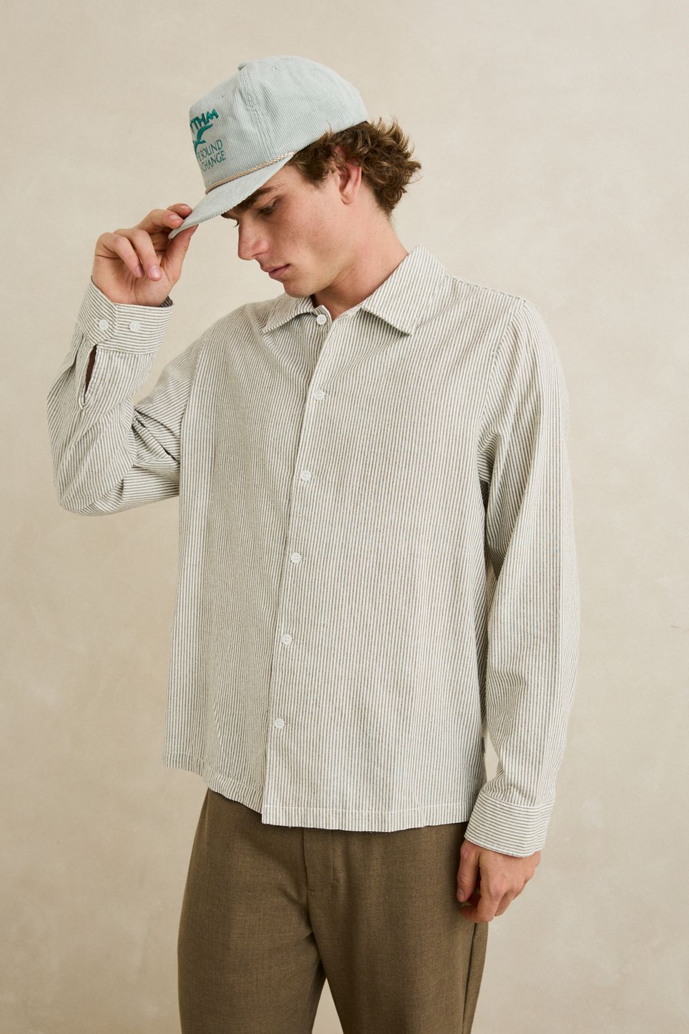 RHYTHM MENS BANK STRIPE LS SHIRT - OLIVE