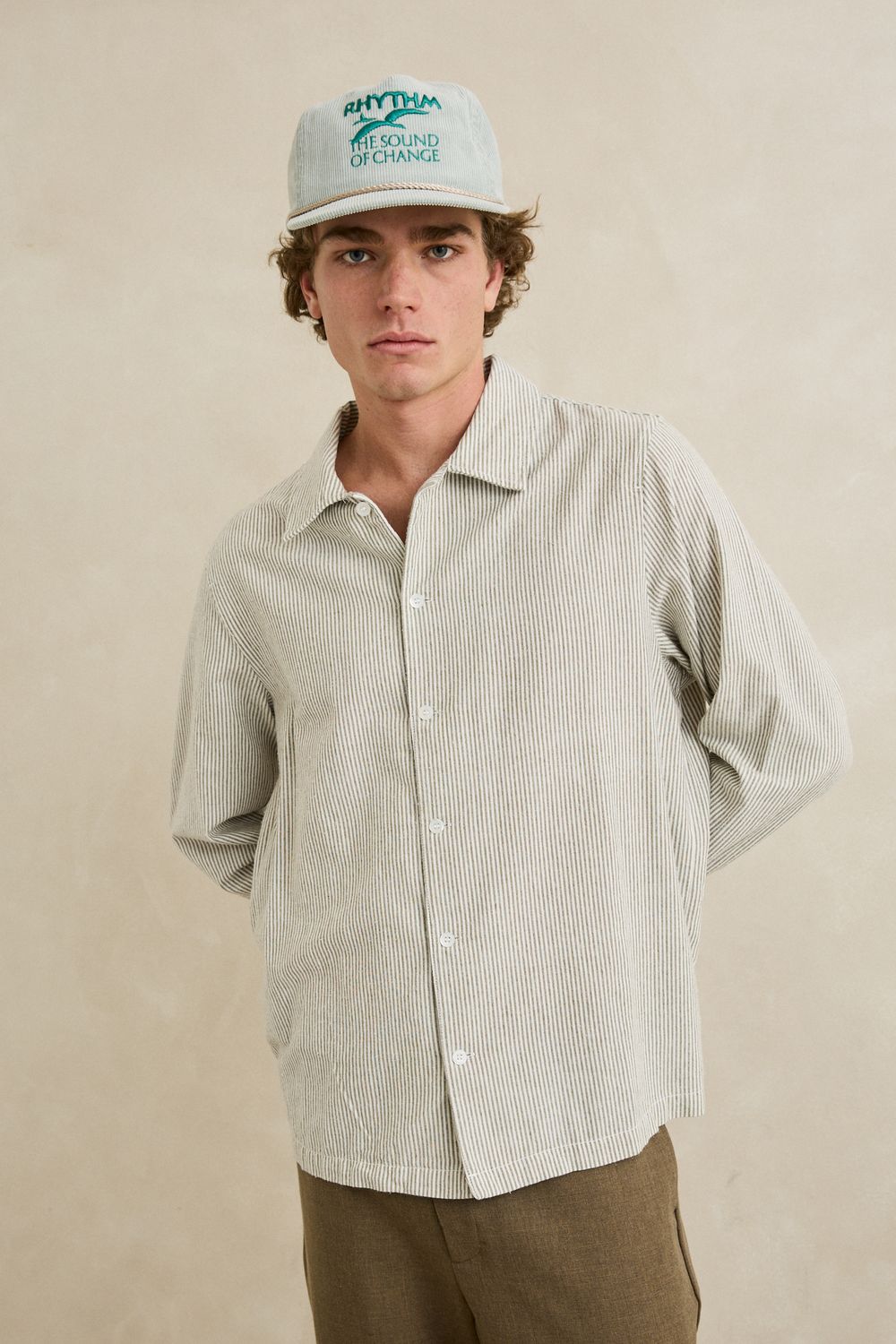 RHYTHM MENS BANK STRIPE LS SHIRT - OLIVE