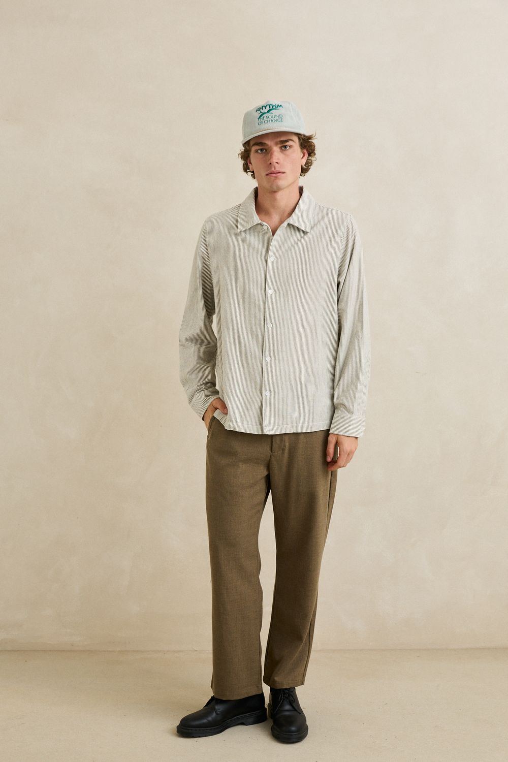 RHYTHM MENS BANK STRIPE LS SHIRT - OLIVE