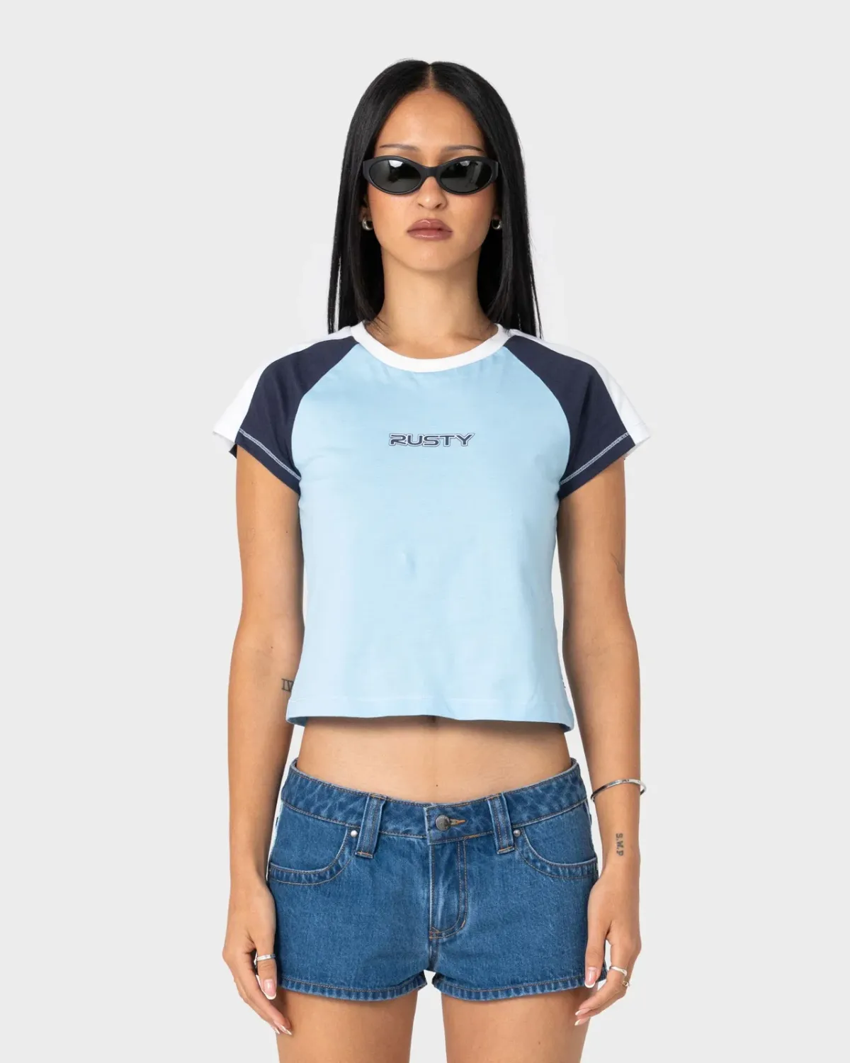 RUSTY WOMENS BRADLEY MINI CAP SLEEVE TEE - RETRO BLUE