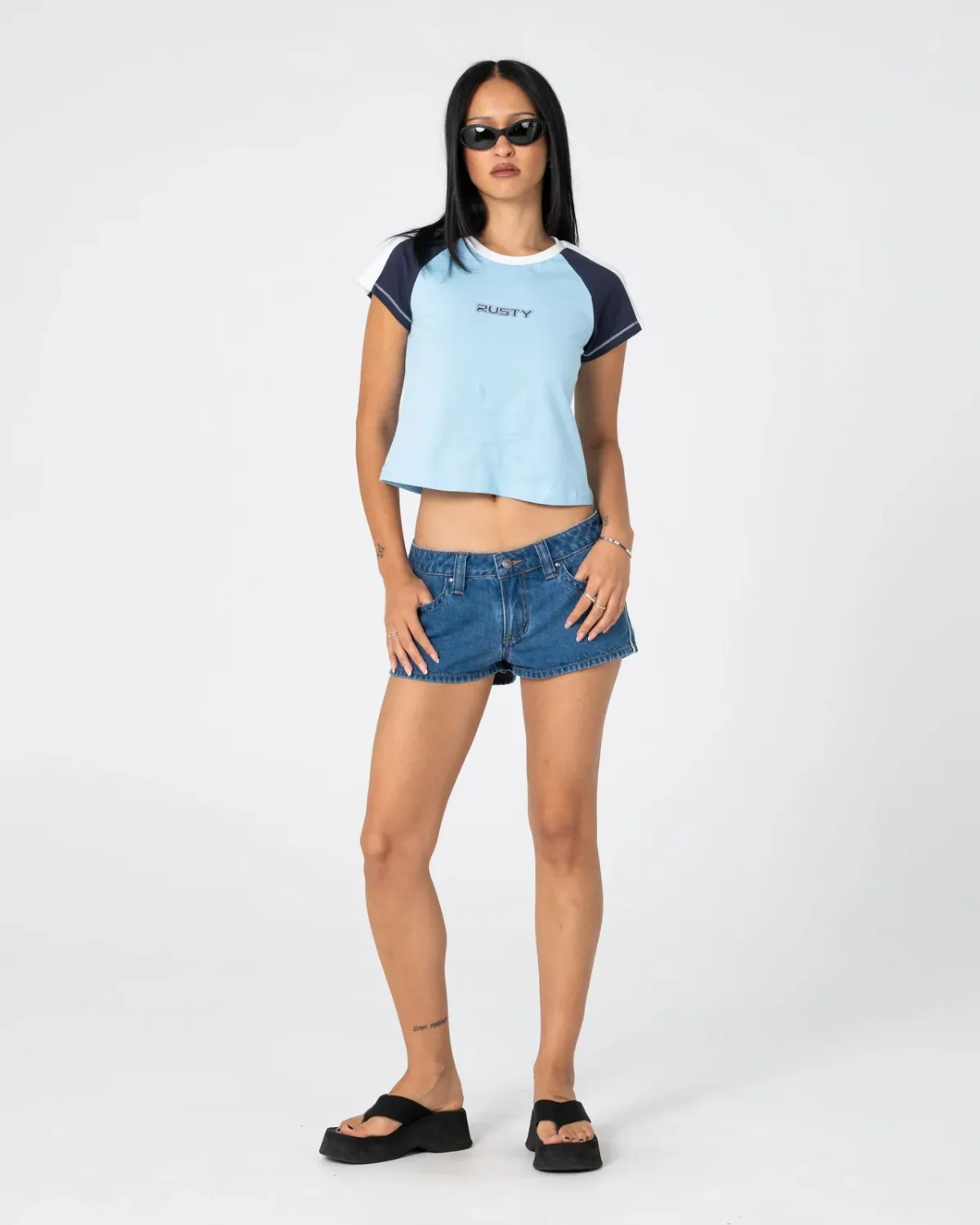RUSTY WOMENS BRADLEY MINI CAP SLEEVE TEE - RETRO BLUE