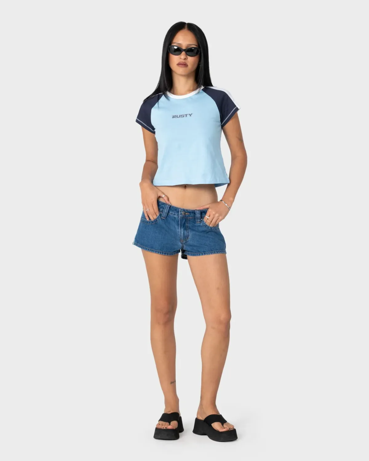 RUSTY WOMENS BRADLEY MINI CAP SLEEVE TEE - RETRO BLUE