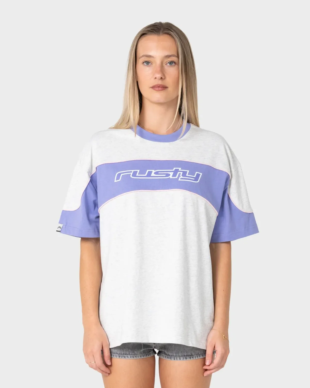 RUSTY WOMENS KINETIC OVERSIZE TEE - GREY MARLE / MULBERRY PURPLE