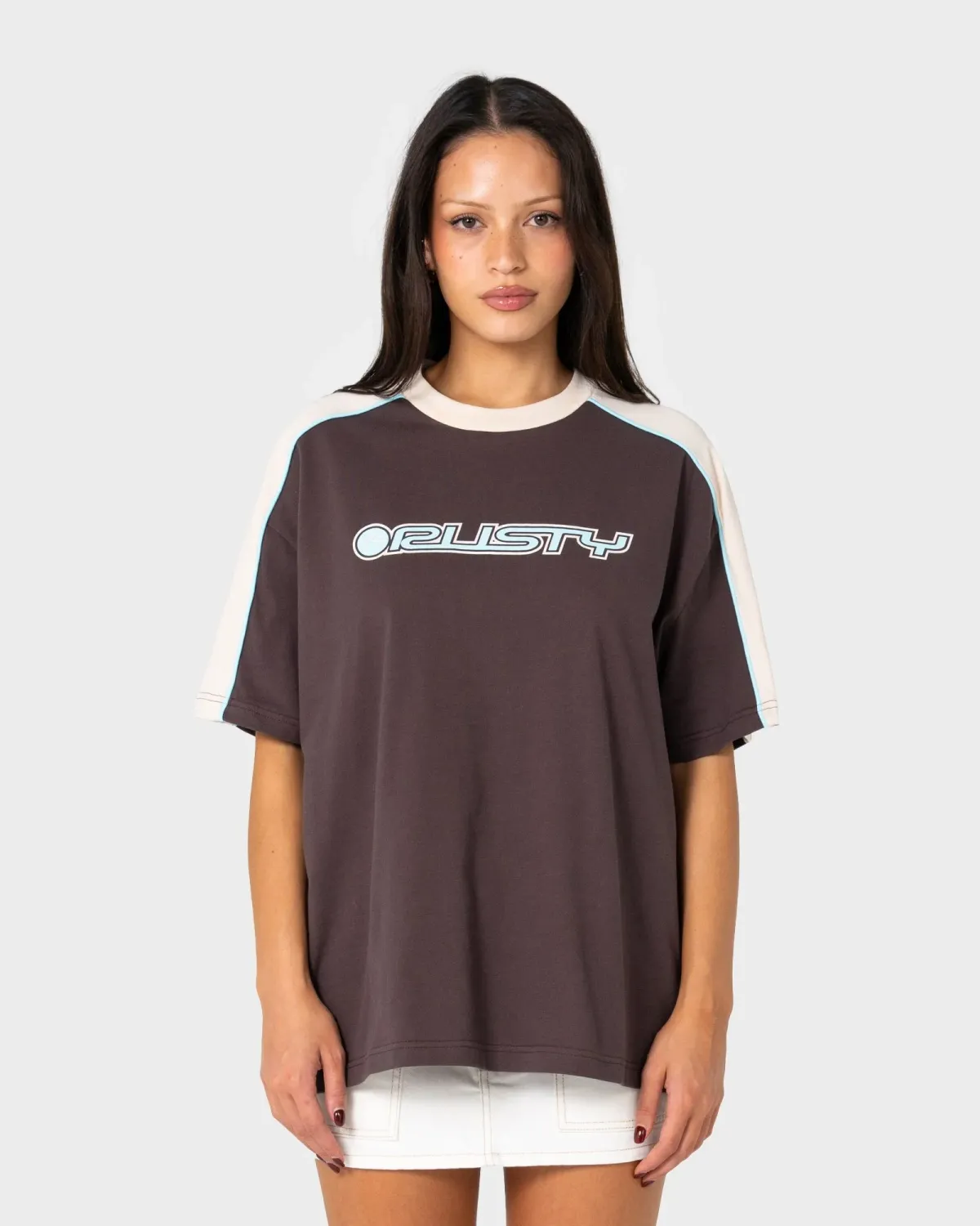 RUSTY WOMENS TIMMY TARGET 220 OVERSIZE TEE - JAVA / CREAM