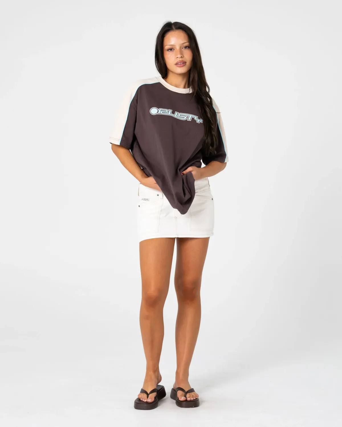 RUSTY WOMENS TIMMY TARGET 220 OVERSIZE TEE - JAVA / CREAM