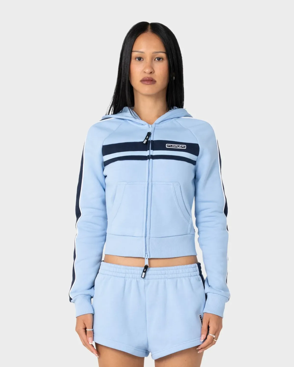 RUSTY WOMENS RETRO LINES ZIP THROUGH HOODED FLEECE - RETRO BLUE