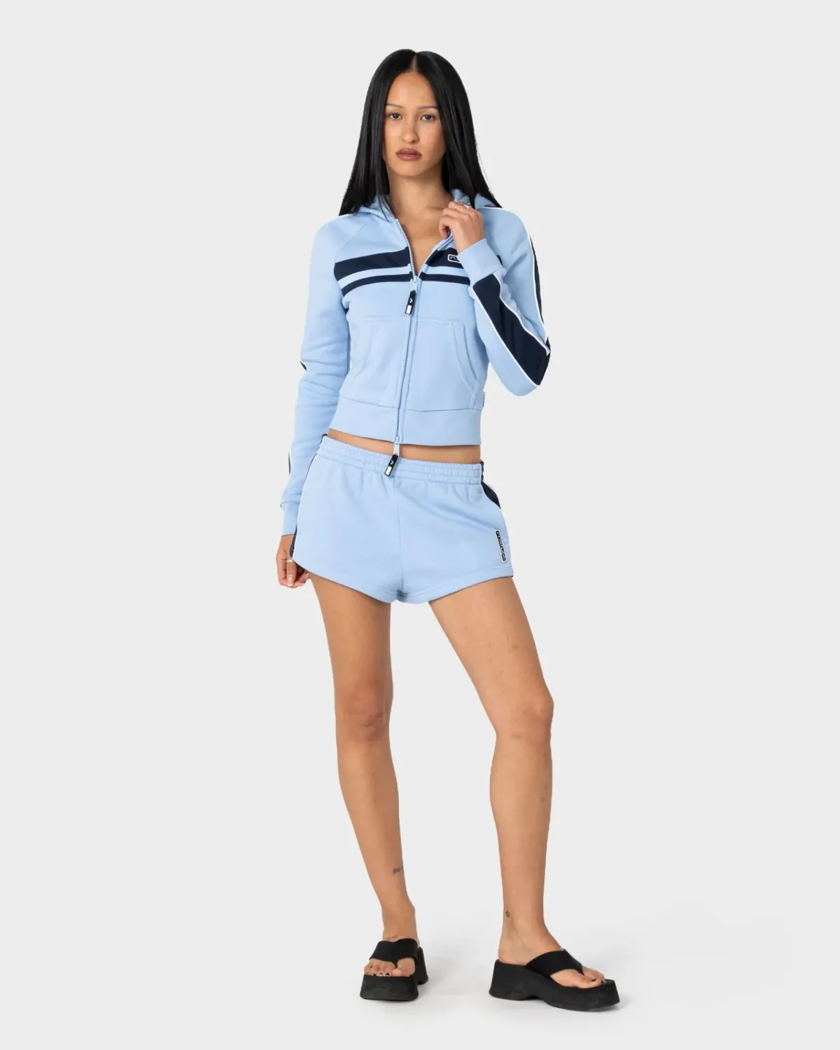 RUSTY WOMENS RETRO LINES ZIP THROUGH HOODED FLEECE - RETRO BLUE