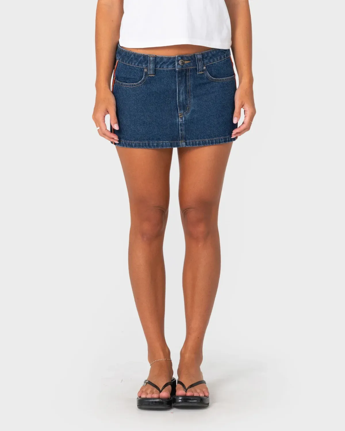 RUSTY WOMENS FLIP MOMMY LOW RISE MINI DENIM SKIRT 2.0 - DEEP SEA BLUE / ORANGE