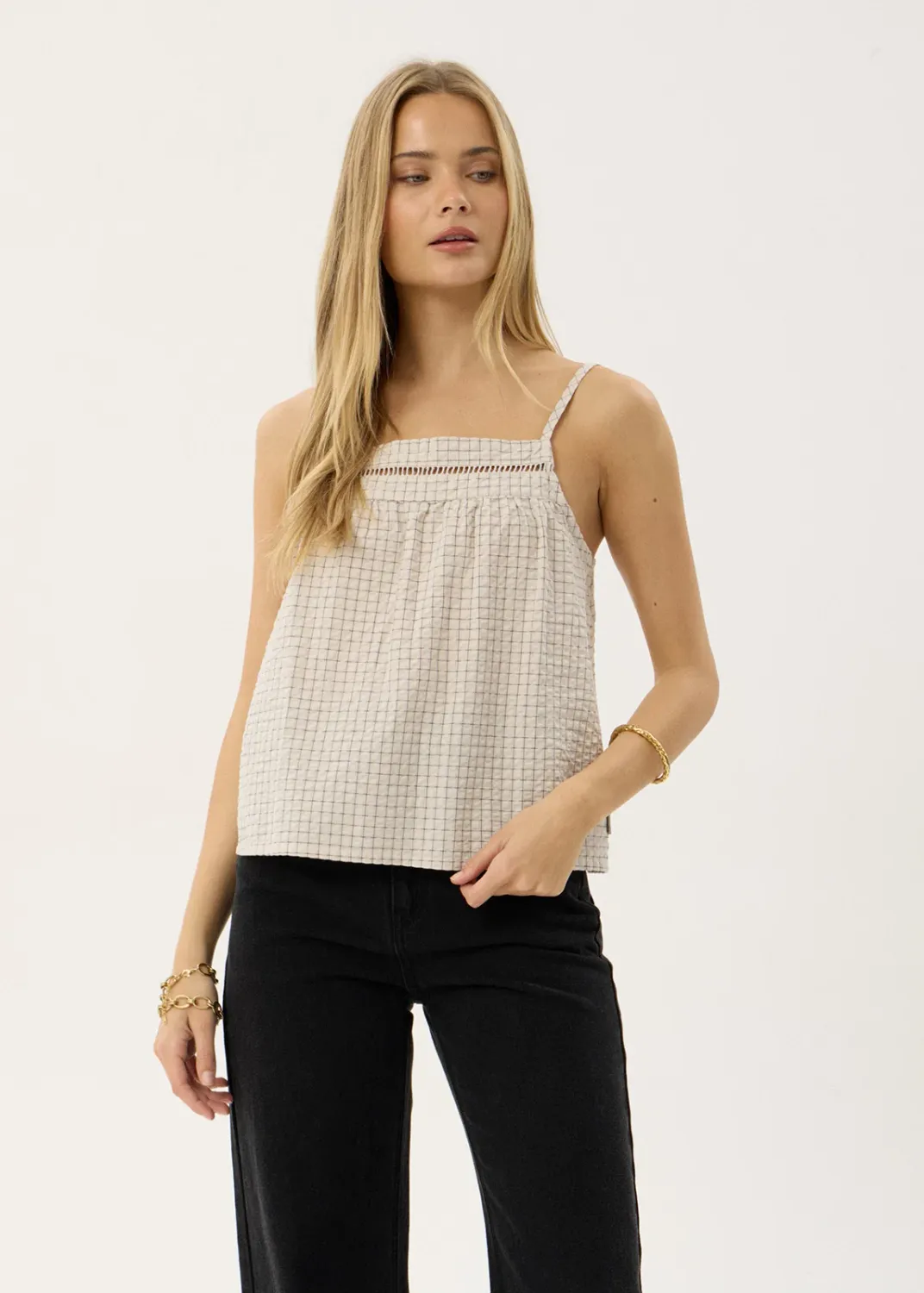 AFENDS WOMENS CANDICE - SEERSUCKER CAMI TOP - REVERB MOONBEAM CHECK