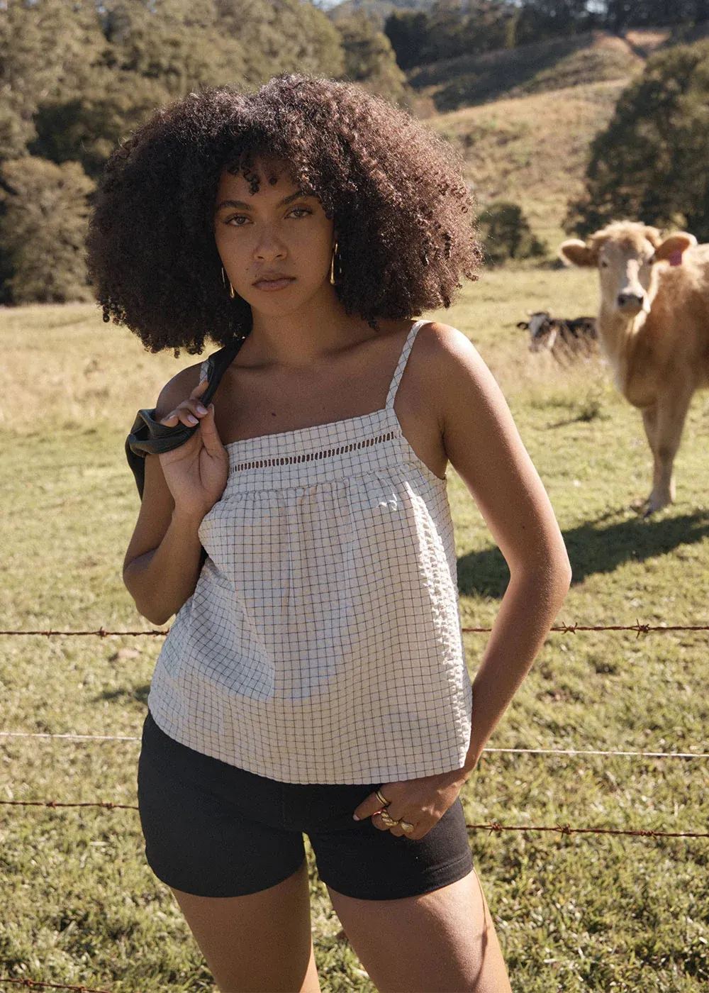 AFENDS WOMENS CANDICE - SEERSUCKER CAMI TOP - REVERB MOONBEAM CHECK