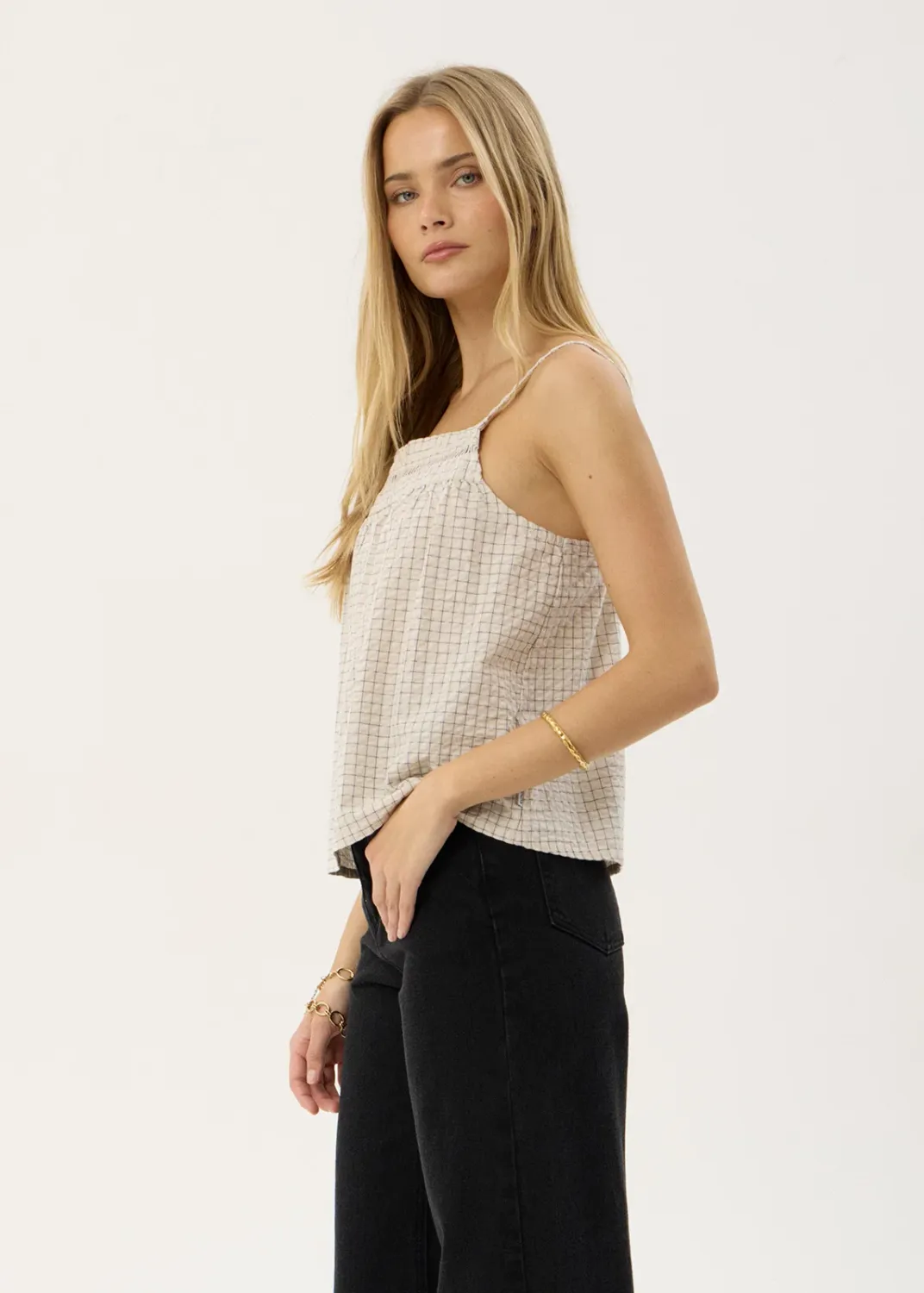 AFENDS WOMENS CANDICE - SEERSUCKER CAMI TOP - REVERB MOONBEAM CHECK