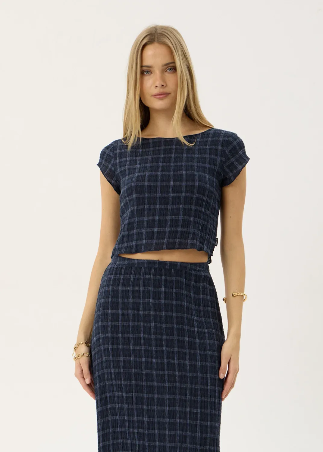 AFENDS WOMENS DARCY - SEERSUCKER TOP - THEA MIDNIGHT CHECK