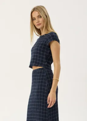 AFENDS WOMENS DARCY - SEERSUCKER TOP - THEA MIDNIGHT CHECK