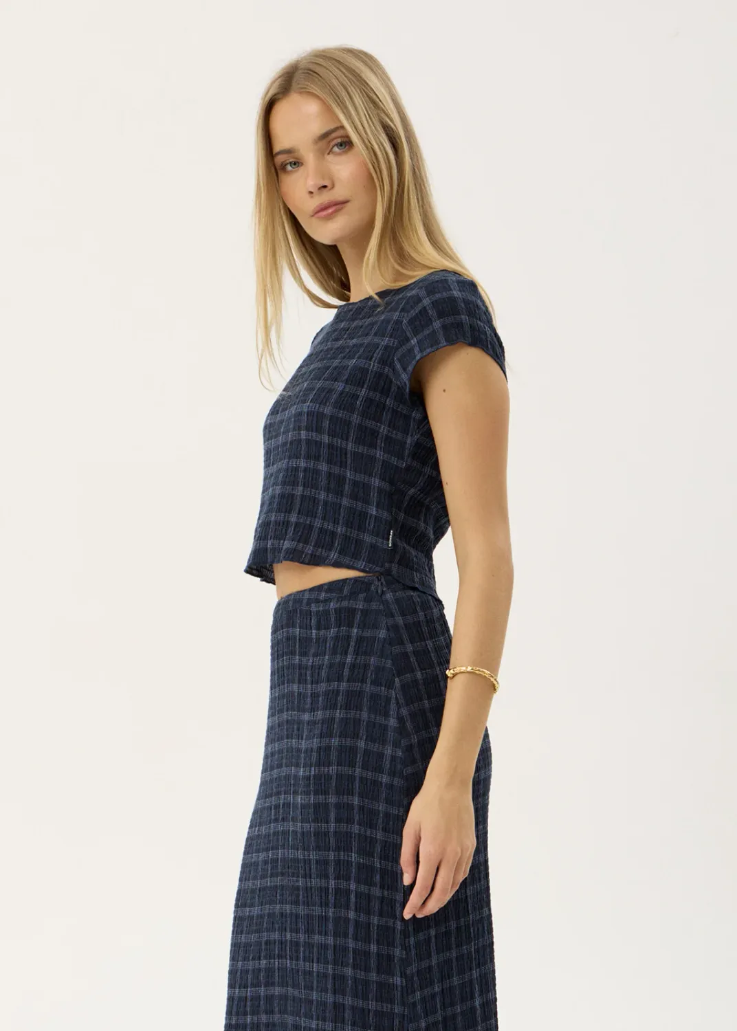 AFENDS WOMENS DARCY - SEERSUCKER TOP - THEA MIDNIGHT CHECK