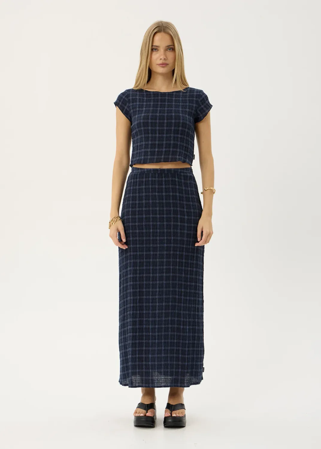 AFENDS WOMENS DARCY - SEERSUCKER TOP - THEA MIDNIGHT CHECK