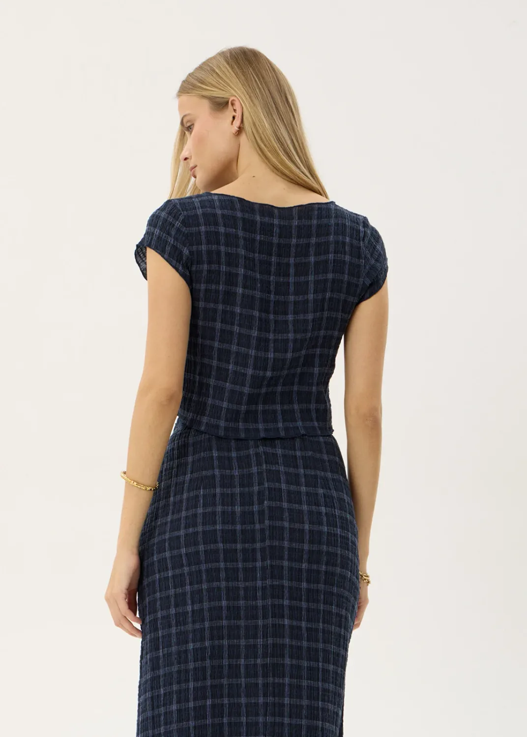 AFENDS WOMENS DARCY - SEERSUCKER TOP - THEA MIDNIGHT CHECK