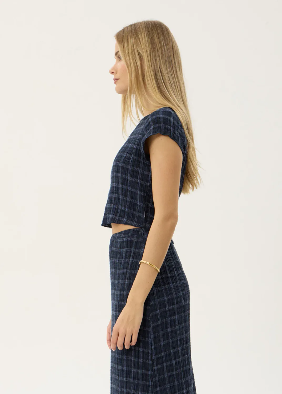 AFENDS WOMENS DARCY - SEERSUCKER TOP - THEA MIDNIGHT CHECK