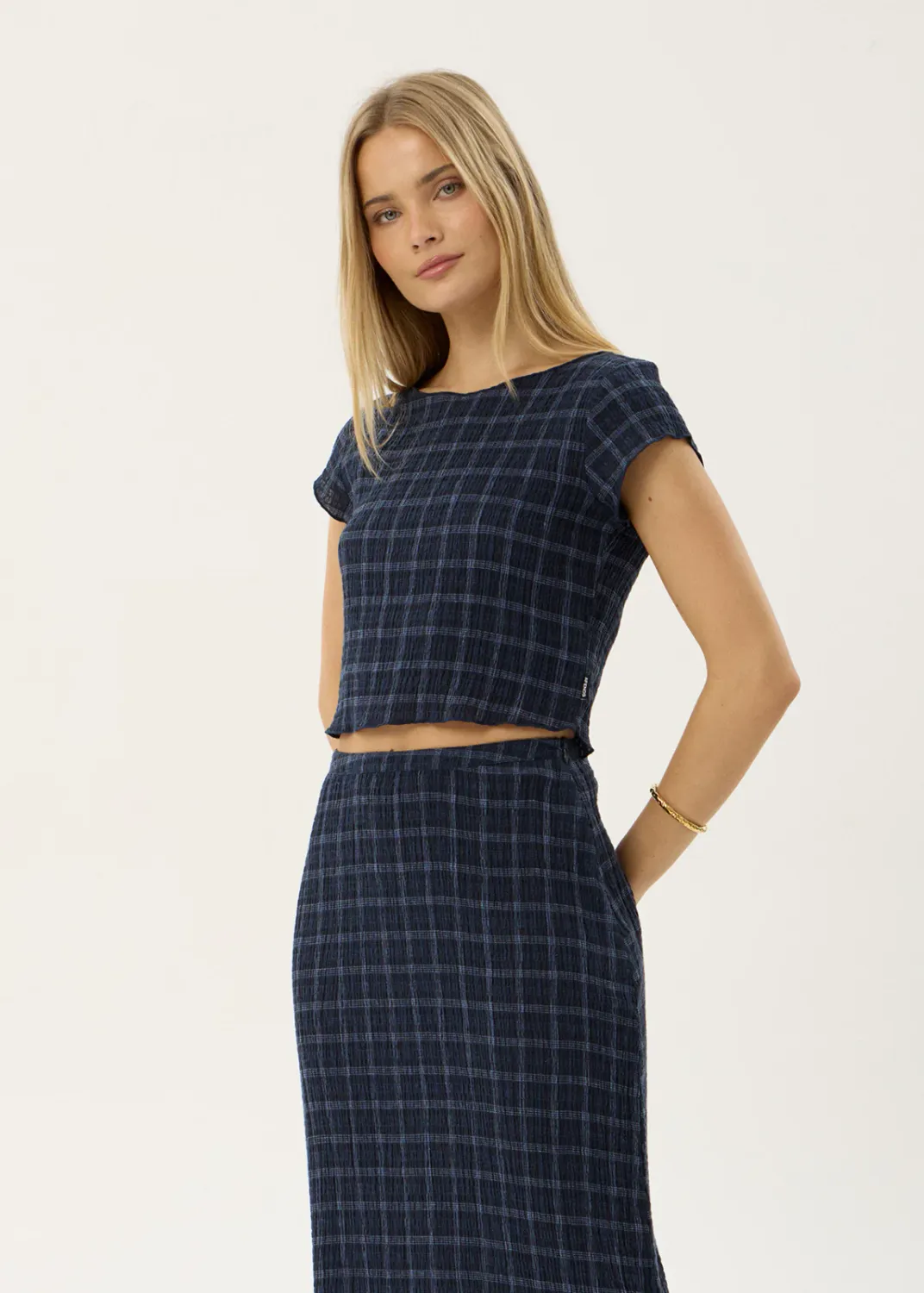 AFENDS WOMENS DARCY - SEERSUCKER TOP - THEA MIDNIGHT CHECK